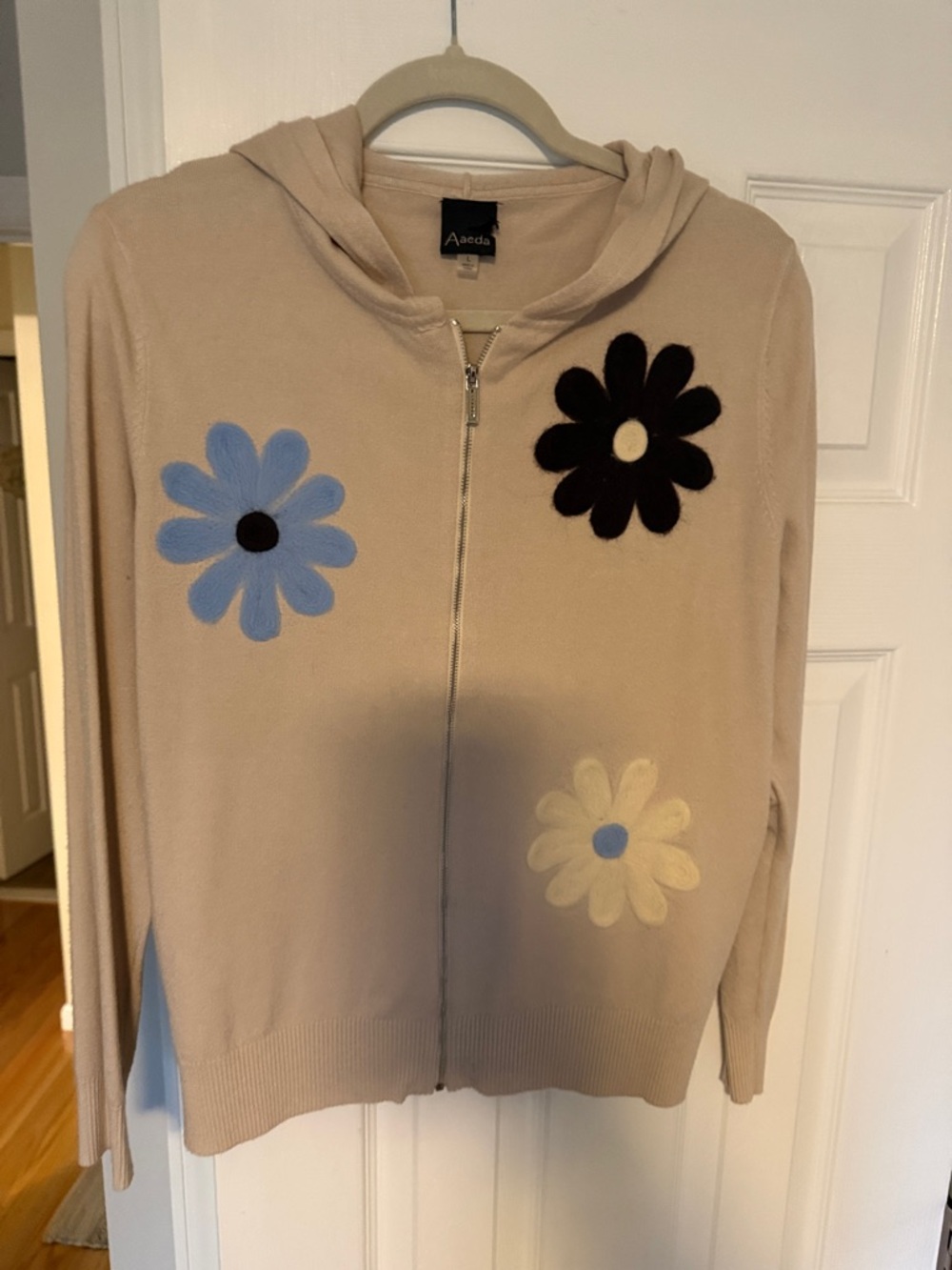 Aeda  Beige Zip Hoodie with Floral Appliqués